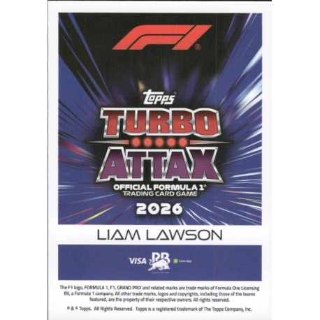 Car Racing Timezone Card Find Liam Lawson 2026 F1 Car F1 Cards Topps Turbo Attax 2026