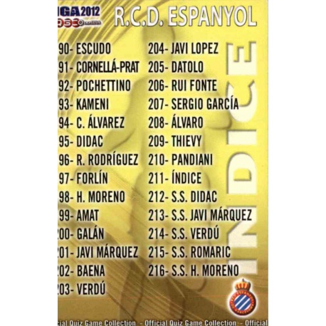 Índice Espanyol 211 Las Fichas de la Liga 2012 Official Quiz Game Collection