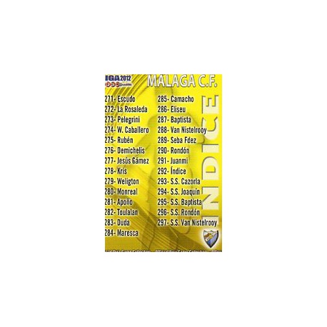 Índice Málaga 292 Las Fichas de la Liga 2012 Official Quiz Game Collection