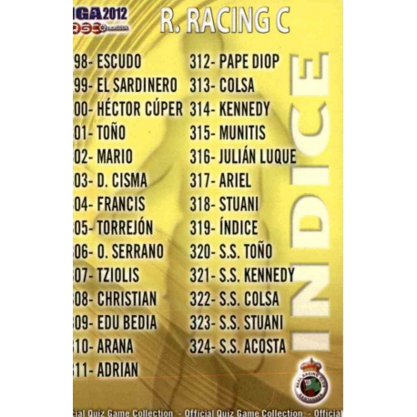 Índice Racing 319 Las Fichas de la Liga 2012 Official Quiz Game Collection