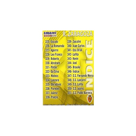 Índice Zaragoza 346 Las Fichas de la Liga 2012 Official Quiz Game Collection