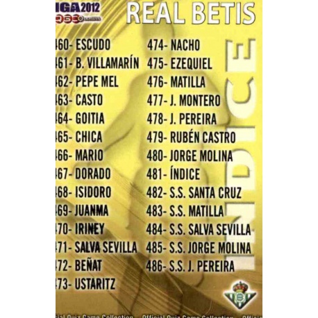 Índice Betis 481 Las Fichas de la Liga 2012 Official Quiz Game Collection