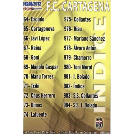 Índice Cartagena 982 Las Fichas de la Liga 2012 Platinum Official Quiz Game Collection