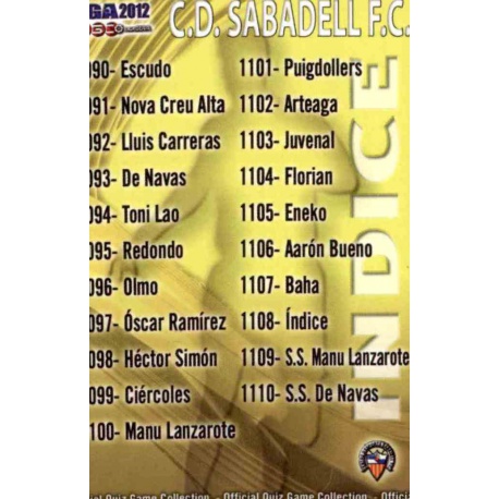 Índice Sabadell 1108 Las Fichas de la Liga 2012 Platinum Official Quiz Game Collection
