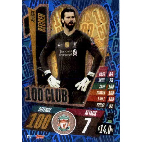 Alisson Becker 100 Club Liverpool CL1 Match Attax Champions International 2020-21